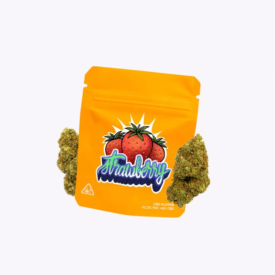 Bolsa naranja de Strawberry by Gorilla Grillz con cierre y dibujos de fresas, flanqueada por cogollos sobre fondo claro.