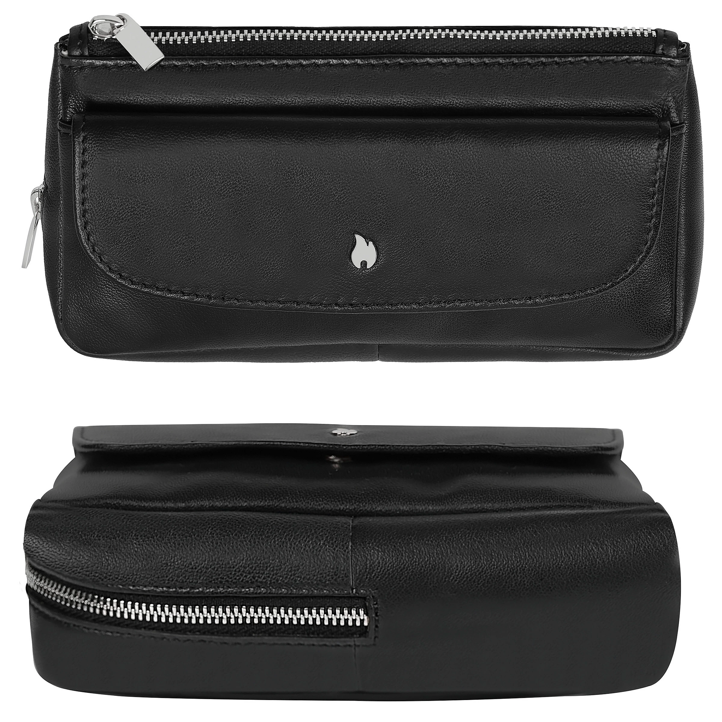Bolsa negra para cachimba Zippo Black en dos vistas, con cremalleras plateadas, solapa frontal y emblema de llama.