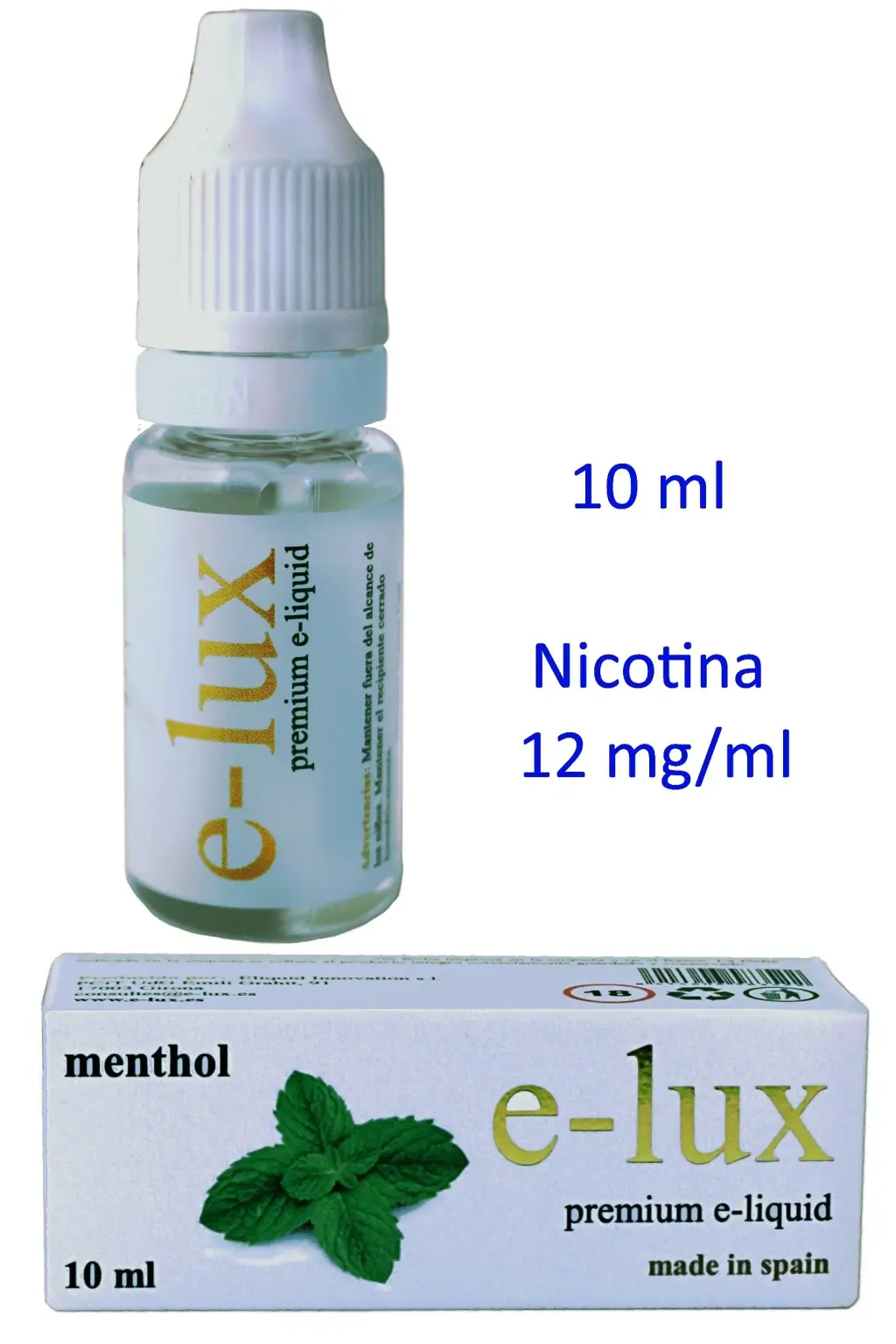 Frasco de e-liquid Menthol e-lux con tapón blanco junto a su caja con hojas de menta; texto de 10 ml y nicotina de 12 mg/ml.