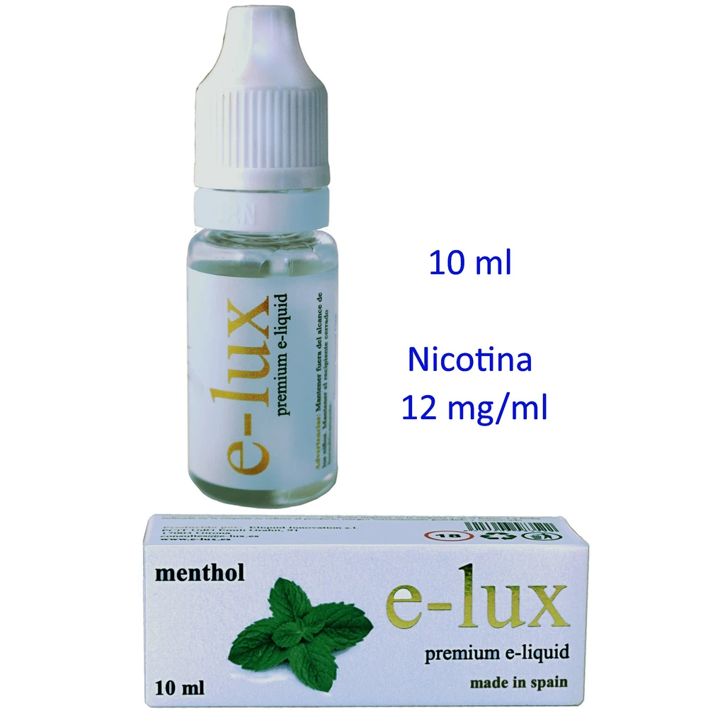 Frasco de e-liquid Menthol e-lux con tapón blanco junto a su caja con hojas de menta; texto de 10 ml y nicotina de 12 mg/ml.