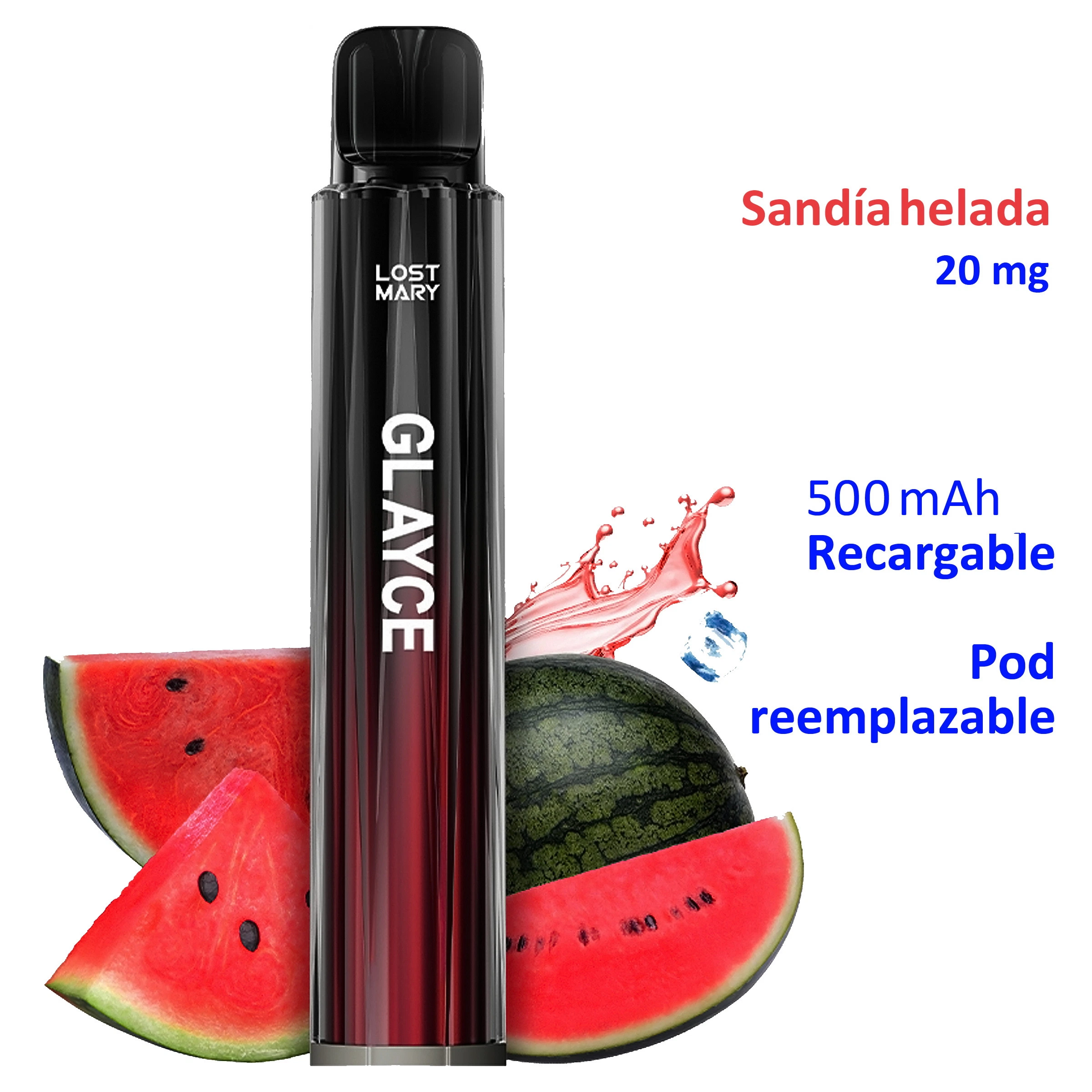 Lost Mary GLAYCE negro y rojo junto a sandía y hielo; texto de 20 mg, batería recargable de 500 mAh y pod reemplazable.
