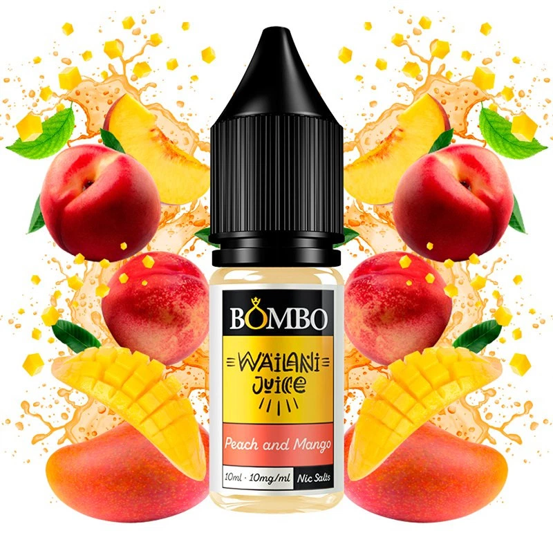 Frasco Bombo Wailani Juice Peach and Mango con tapón negro, rodeado de melocotones, mango y salpicaduras anaranjadas.