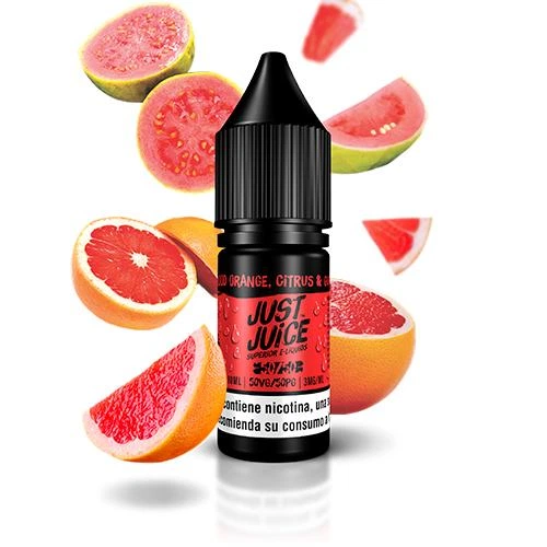 Frasco Just Juice Blood Orange, Citrus & Guava con tapón negro y etiqueta roja, rodeado de guayabas y cítricos cortados.