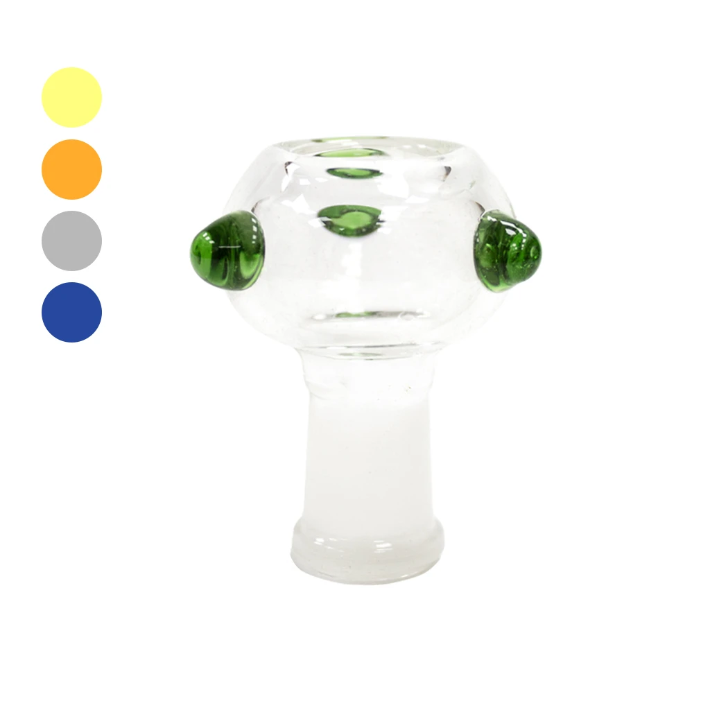 Cúpula transparente para bong con abertura superior, salientes verdes y conexión inferior esmerilada; muestras de colores a la izquierda.