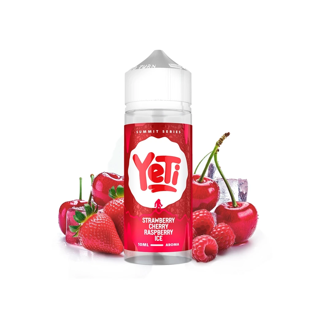 Frasco Yeti Summit Series Strawberry Cherry Raspberry Ice con tapón blanco y etiqueta roja, entre fresas, cerezas, frambuesas y hielo.