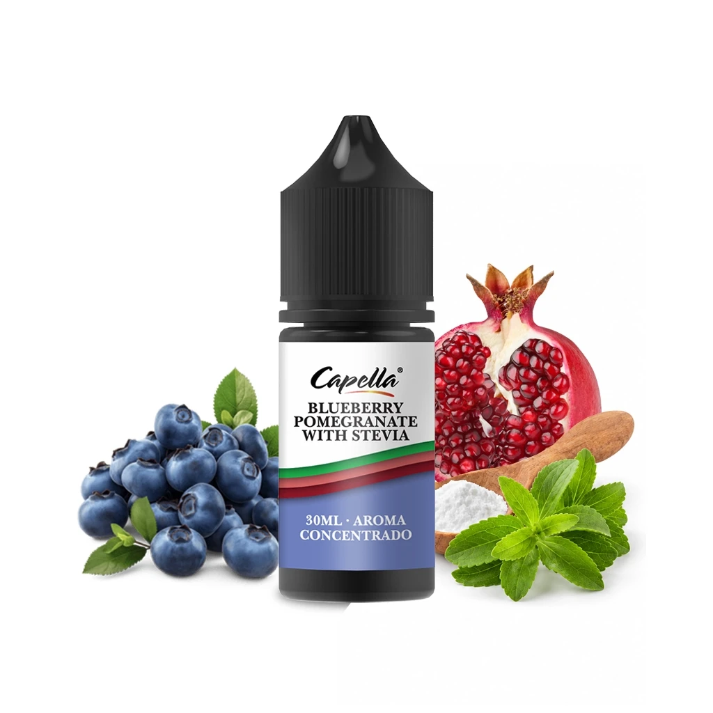 Frasco de aroma Capella Blueberry Pomegranate with Stevia de 30 ml, rodeado de arándanos, una granada abierta y hojas verdes.