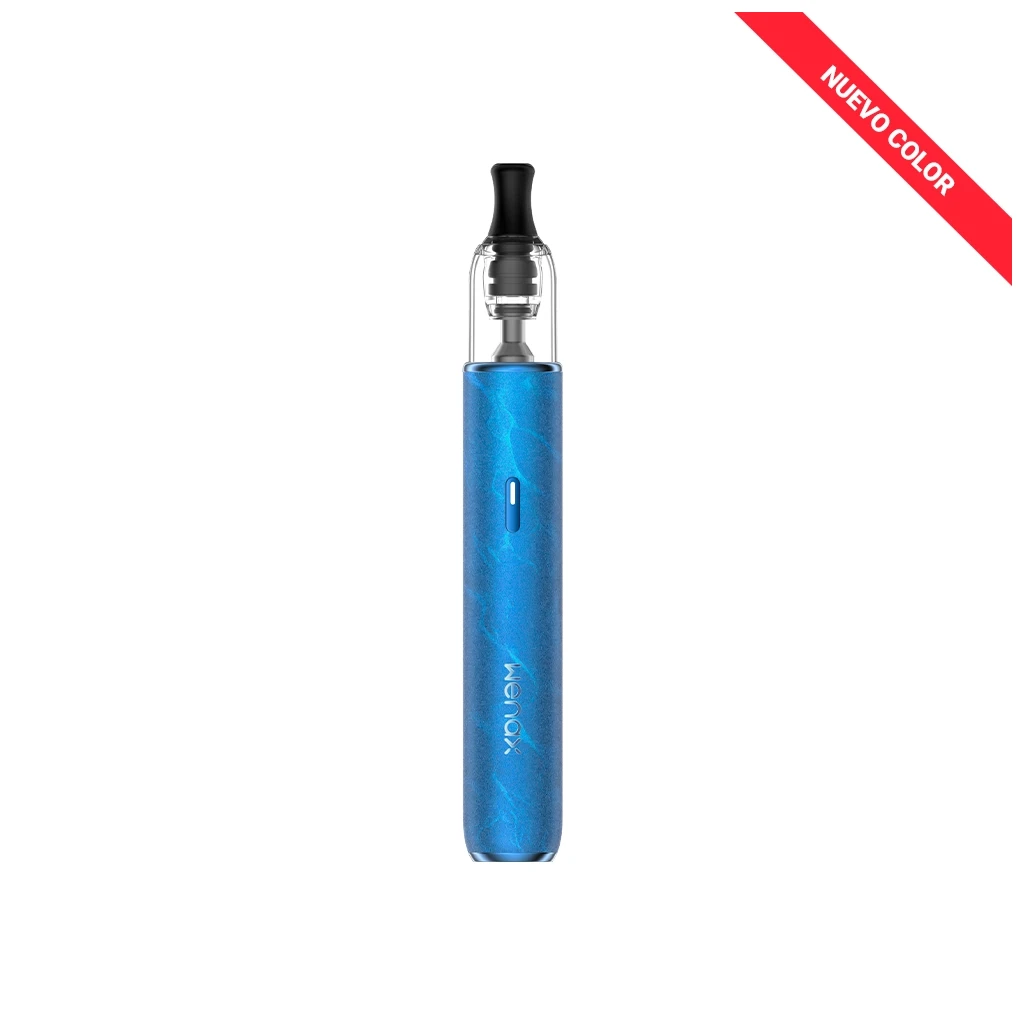 Geekvape Wenax M2 azul en posición vertical, con depósito transparente y boquilla negra sobre fondo blanco.