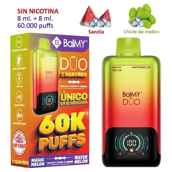 Vaper BALMY DUO Magic Melon y Watermelon con cuerpo verde y rojo, pantalla frontal y caja rotulada sin nicotina, junto a dibujos de fruta.