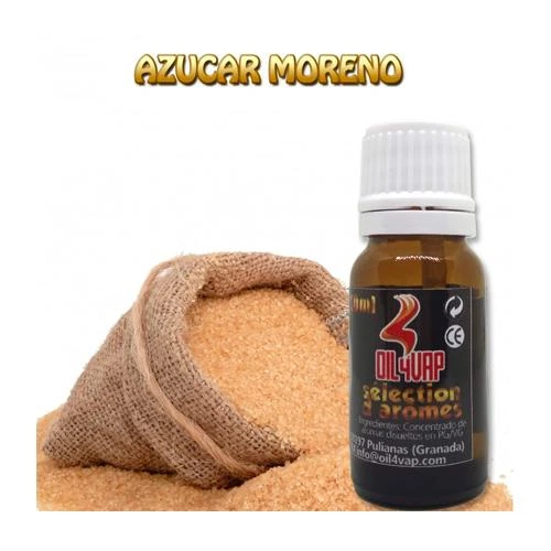 Frasco de aroma Oil4Vap Azúcar Moreno con tapón blanco junto a un saco abierto de azúcar moreno sobre fondo blanco.
