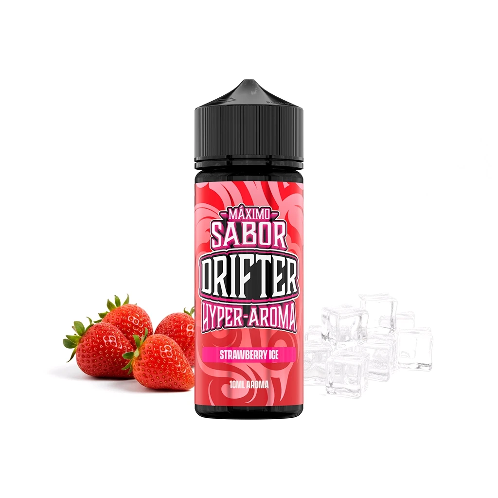 Frasco Drifter Hyper-Aroma Strawberry Ice con etiqueta rosa y tapón negro, acompañado de fresas y cubitos de hielo.
