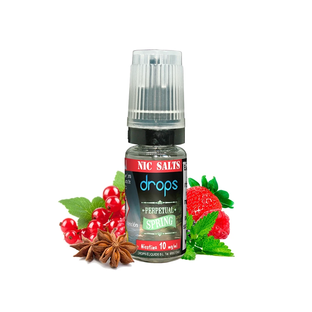 Frasco de Drops Salts Perpetual Spring con tapón translúcido y etiqueta de nicotina de 10 mg/ml, rodeado de frutos rojos, hojas y anís estrellado. Frasco de Drops Salts Perpetual Spring con tapón translúcido y etiqueta de nicotina de 10 mg/ml, rodeado de frutos rojos, hojas y anís estrellado.