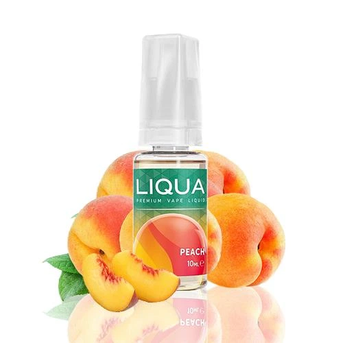 Frasco de Liqua Peach de 10 ml con tapón transparente, rodeado de melocotones enteros y cortados sobre fondo blanco.