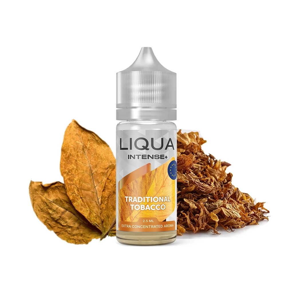 Frasco de Liqua Intense Traditional Tobacco con tapón gris, acompañado de hojas secas y tabaco desmenuzado sobre fondo blanco.