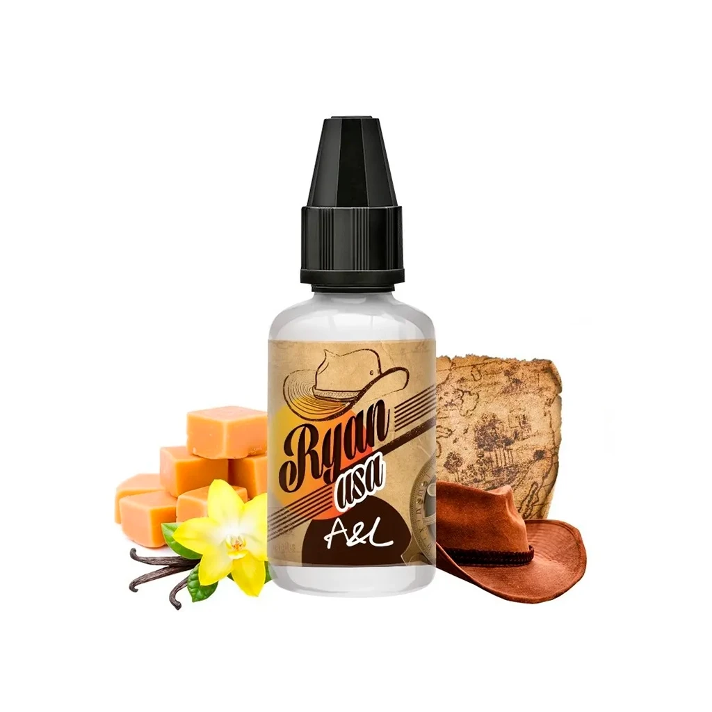 Frasco de aroma A&L Ryan USA con tapón negro, rodeado de dados de caramelo, una flor amarilla, vainas y un sombrero vaquero.