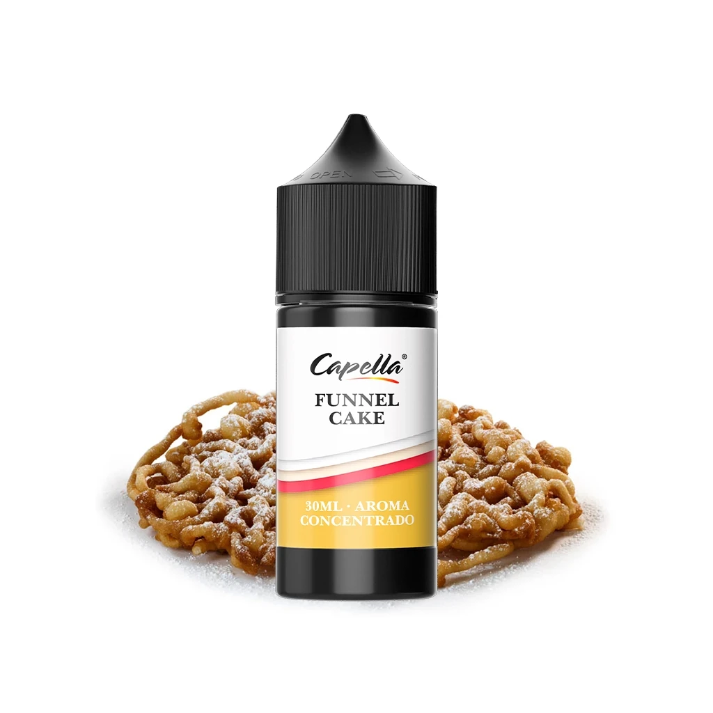 Frasco negro de aroma Funnel Cake de Capella, con etiqueta de 30 ml y un dulce de masa frita espolvoreado de blanco detrás.