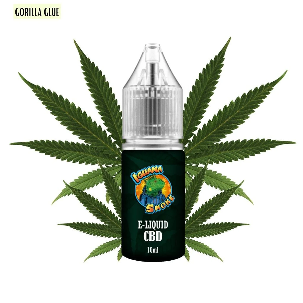 Frasco de e-líquido CBD Iguana Smoke de 10 ml, con tapón transparente y hojas de cannabis detrás; arriba se lee «Gorilla Glue».