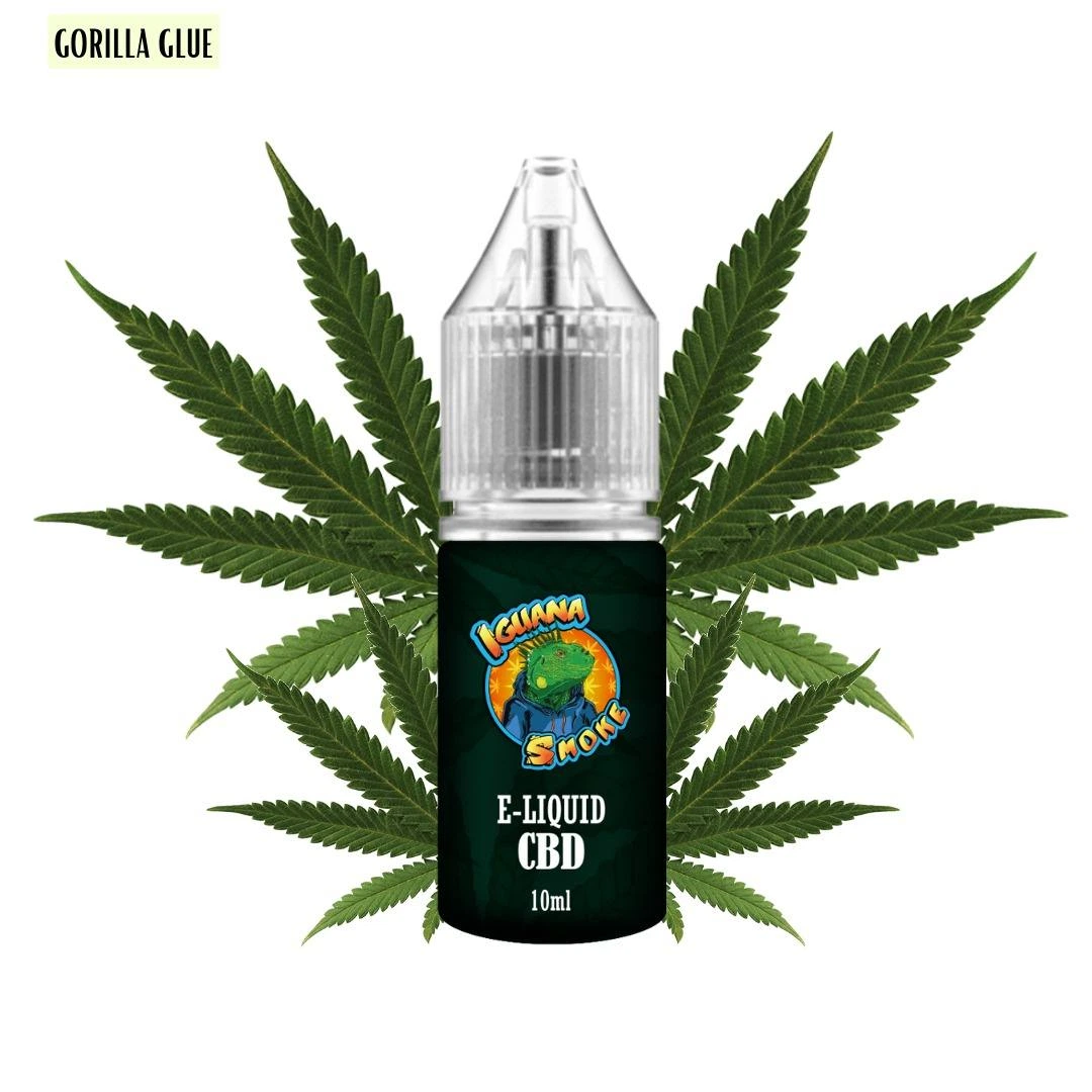 Frasco de e-líquido CBD Iguana Smoke de 10 ml, con tapón transparente y hojas de cannabis detrás; arriba se lee «Gorilla Glue».