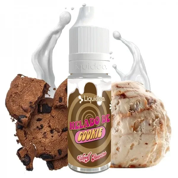 Frasco de Helado de Cookie Liquideo Wpuff Flavors con tapón blanco, rodeado de galletas, helado y salpicaduras blancas.