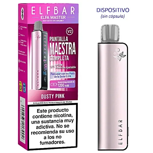 Dispositivo Elfbar ELFA MASTER V2 Dusty Pink rosa junto a su caja, con el texto «Dispositivo sin cápsula» y una advertencia sobre nicotina.
