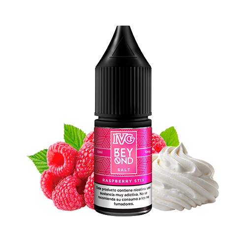 Frasco Beyond Salts Raspberry Stix de IVG con etiqueta rosa y tapón negro, acompañado de frambuesas y una espiral de crema blanca.