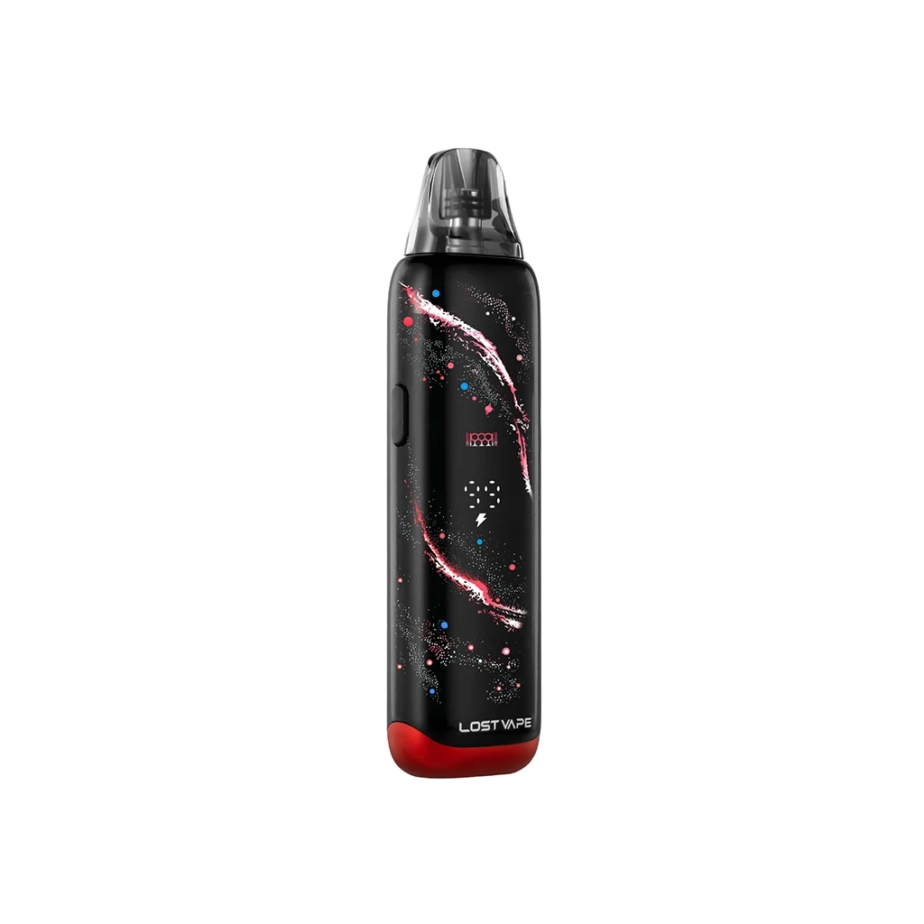 Lost Vape Galaxy T360 Pod Kit negro con trazos rosas y motas de colores, boquilla translúcida y base roja sobre fondo blanco.
