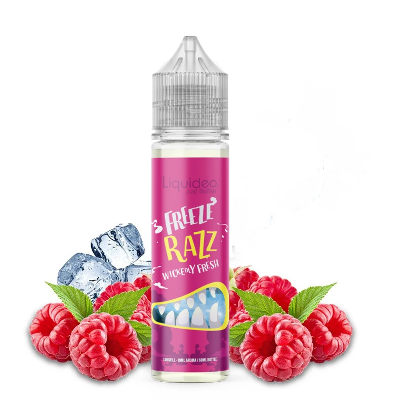 Frasco de Longfill Freeze Razz de Liquideo con etiqueta rosa y tapón transparente, rodeado de frambuesas, hojas verdes y cubitos de hielo.
