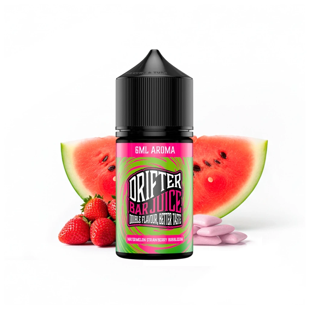 Frasco Drifter Bar Juice Watermelon Strawberry Bubblegum con etiqueta rosa y verde, acompañado de sandía, fresas y chicles rosas.