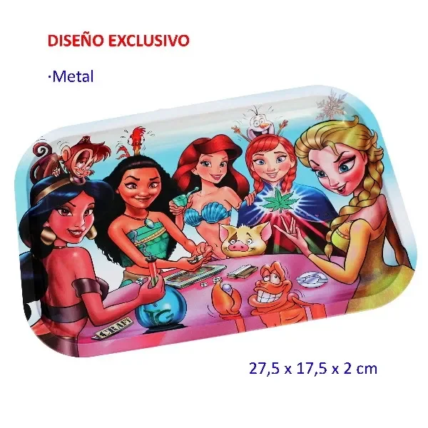 Bandeja para liar con bordes elevados y princesas de dibujos animados alrededor de una mesa rosa con accesorios y una hoja de cannabis.