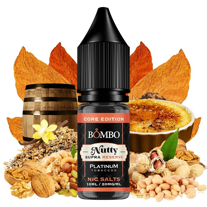 Frasco de Nutty Supra Reserve de Bombo, con etiqueta de 10 ml y 20 mg/ml, rodeado de frutos secos, hojas de tabaco y un postre caramelizado.