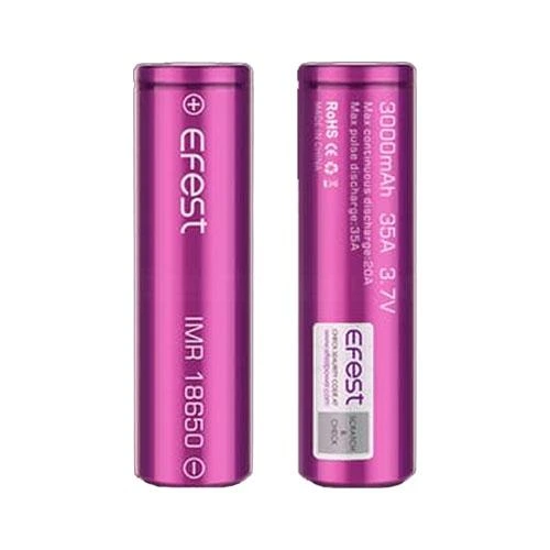 Batería Efest IMR 18650 violeta mostrada por ambas caras, con inscripciones de 3000 mAh, 35 A y 3,7 V sobre fondo blanco. Batería Efest IMR 18650 violeta mostrada por ambas caras, con inscripciones de 3000 mAh, 35 A y 3,7 V sobre fondo blanco.