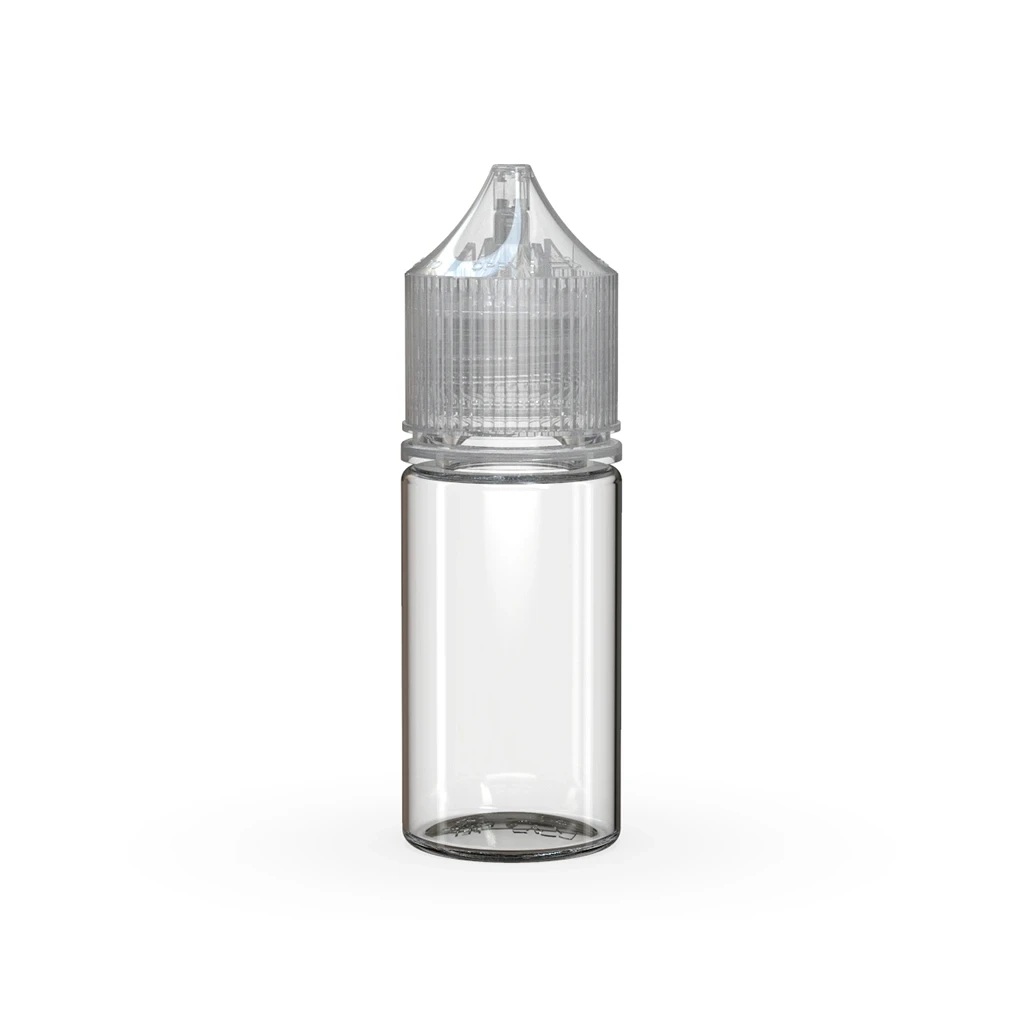 Bote vacío transparente Chubby Gorilla, de cuerpo cilíndrico y tapón estriado con extremo cónico, sobre fondo blanco.