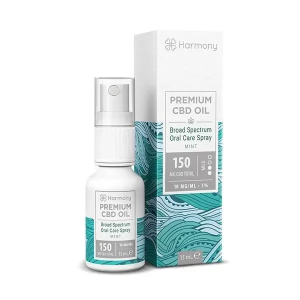 Spray Harmony Mint CBD con su caja blanca y turquesa; las etiquetas indican 150 mg de CBD, 10 mg/ml y un contenido de 15 ml.