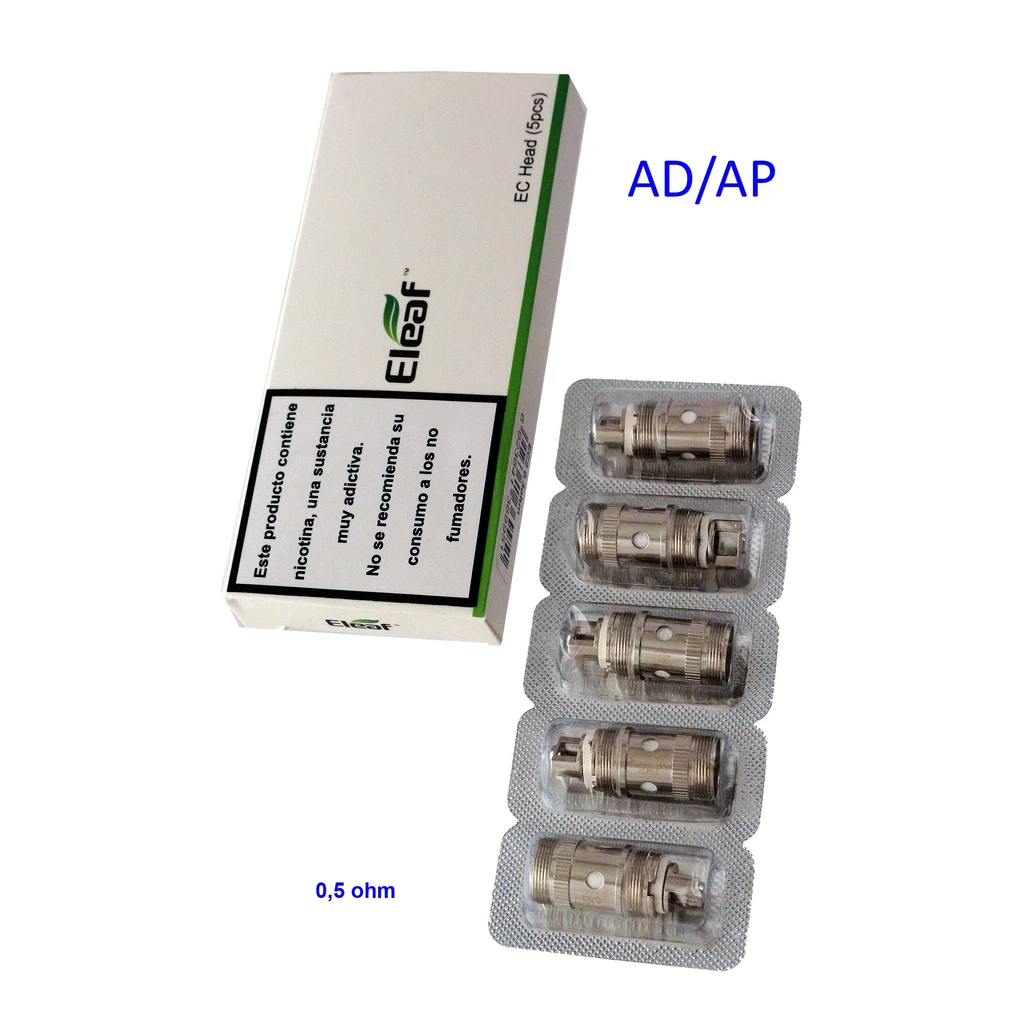 Resistencias Eleaf EC en blíster junto a su caja blanca y verde, con las indicaciones AD/AP y 0,5 ohmios.