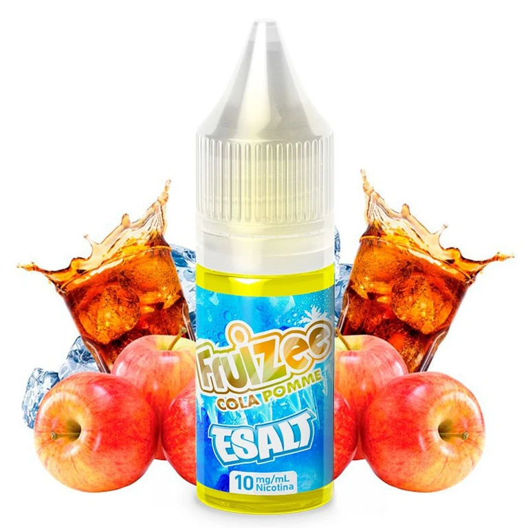 Frasco Fruizee Cola Pomme E-Salt con etiqueta de 10 mg/ml de nicotina, rodeado de manzanas, hielo y vasos de refresco.