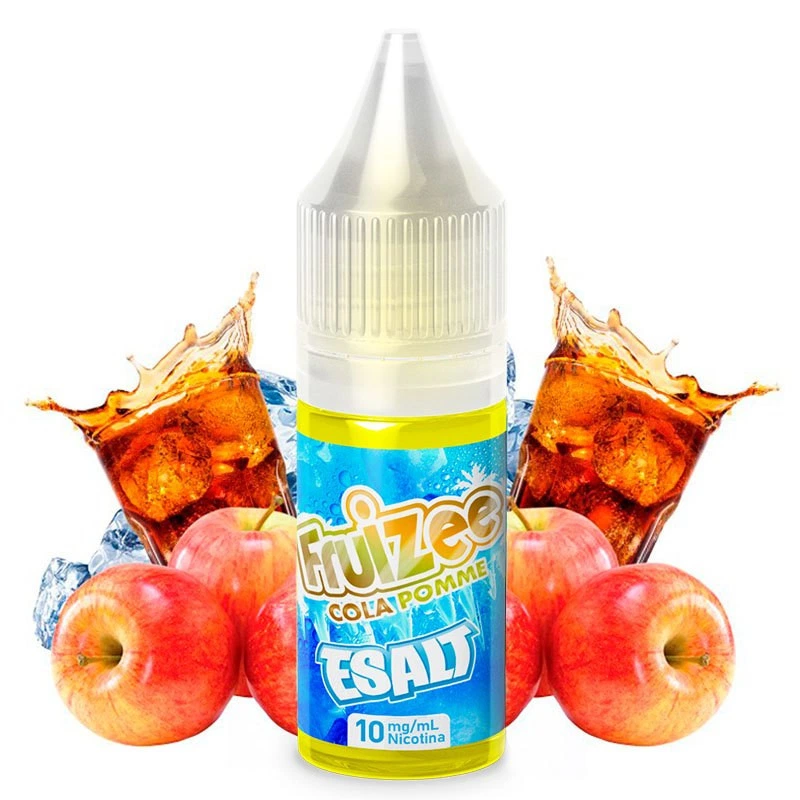 Frasco Fruizee Cola Pomme E-Salt con etiqueta de 10 mg/ml de nicotina, rodeado de manzanas, hielo y vasos de refresco.