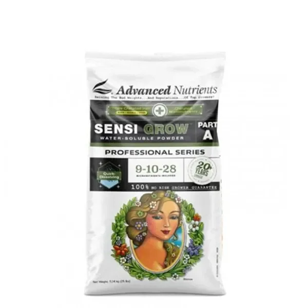 Bolsa blanca de Advanced Nutrients Sensi Grow Professional Series, parte A, con fórmula 9-10-28 y rostro femenino entre hojas.