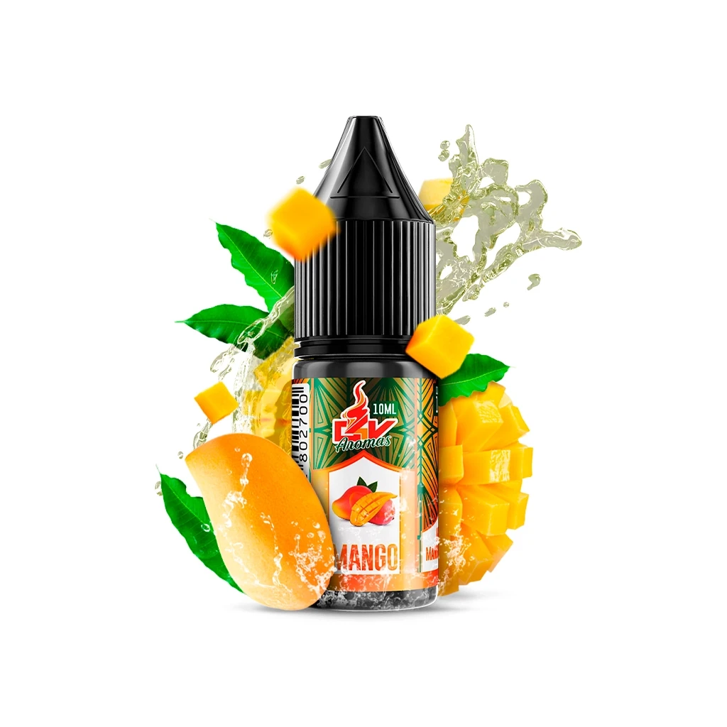 Frasco de aroma Mango con tapón negro y etiqueta de 10 ml, rodeado de trozos de mango, hojas verdes y una salpicadura.