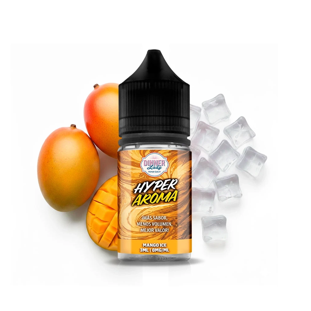 Frasco Dinner Lady Hyper Aroma Mango Ice con tapón negro y etiqueta naranja, rodeado de mangos y cubitos de hielo sobre fondo blanco.