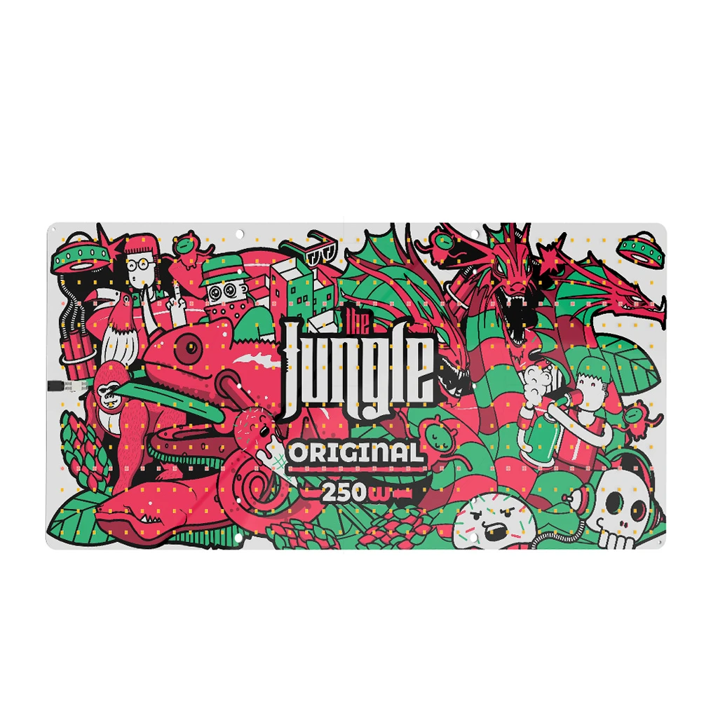 Panel LED Jungle Jackson con ilustraciones de dragones y personajes en rojo y verde, logotipo Jungle y texto «250 W».