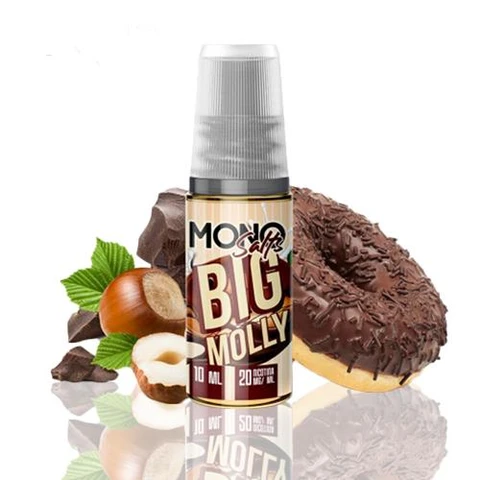 Frasco Mono eJuice Salts Big Molly con tapón blanco y etiqueta de 10 ml, junto a avellanas, chocolate y un dónut cubierto de chocolate.
