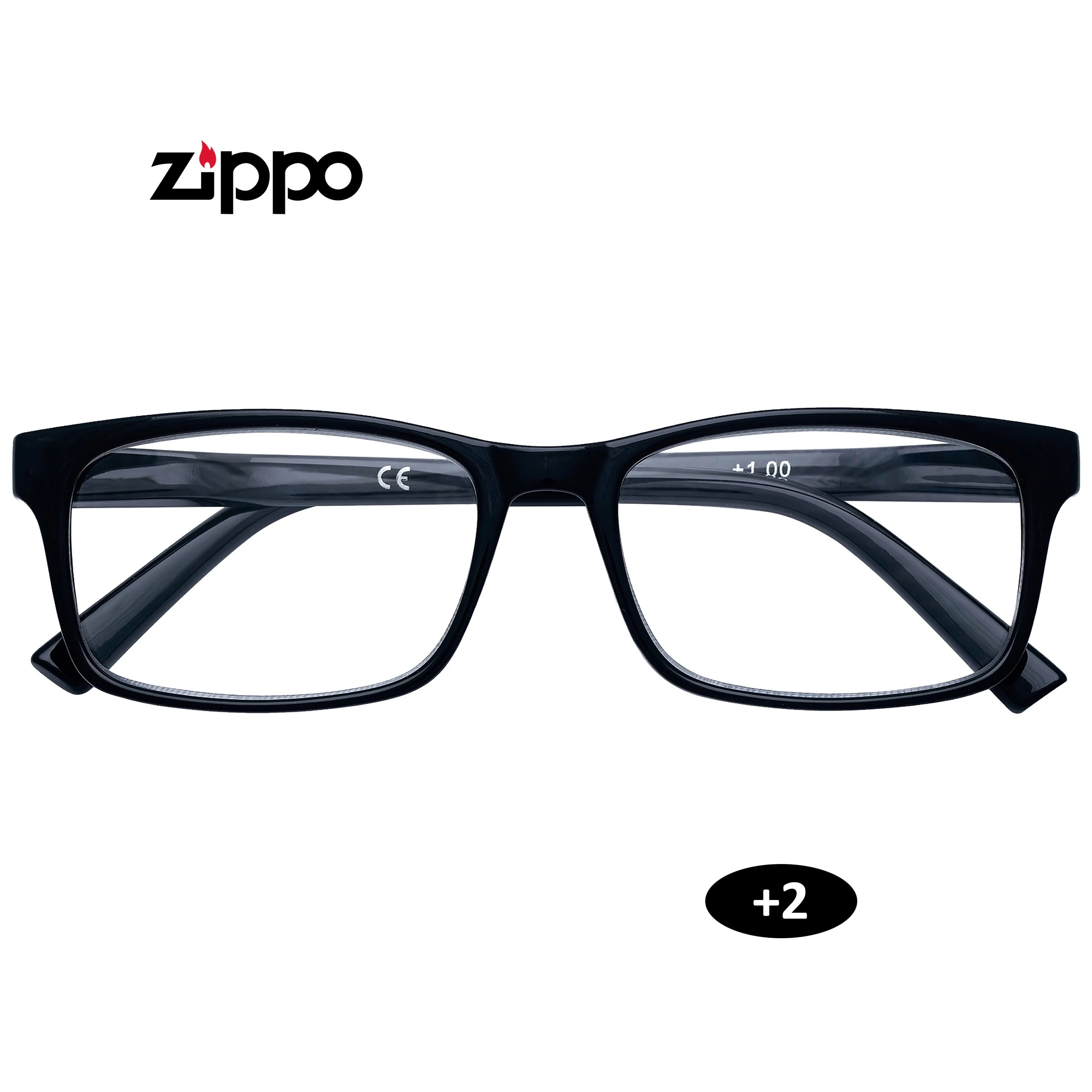Gafas de lectura Zippo de montura negra rectangular, vistas de frente, con distintivo +2 y una inscripción +1.00 en la patilla.