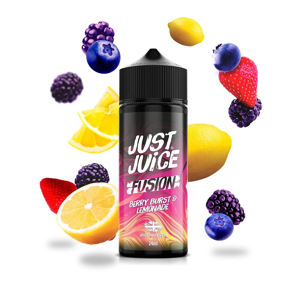 Bote de Just Juice Fusion Berry Burst & Lemonade con tapón negro y etiqueta de 24 ml, rodeado de limones, fresas, moras y arándanos.