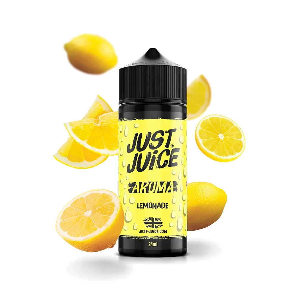 Bote Just Juice Lemonade de 24 ml con tapón negro y etiqueta amarilla, rodeado de limones enteros y cortados sobre fondo blanco.