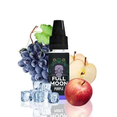 Frasco Full Moon Purple con tapón negro y etiqueta con calavera, acompañado de uvas oscuras, manzana entera y cortada y cubitos de hielo.