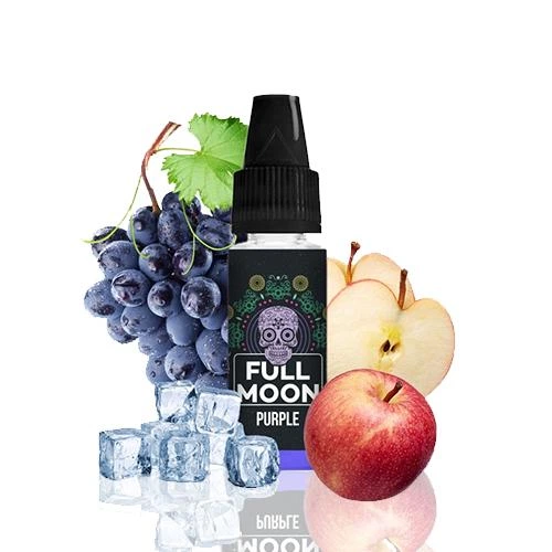 Frasco Full Moon Purple con tapón negro y etiqueta con calavera, acompañado de uvas oscuras, manzana entera y cortada y cubitos de hielo.