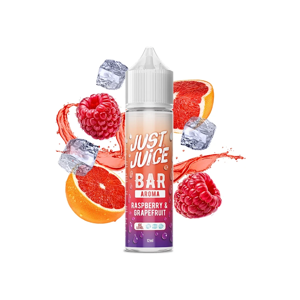 Frasco Just Juice Bar Raspberry Grapefruit Longfill de 12 ml, rodeado de frambuesas, pomelo, cubitos de hielo y salpicaduras rojas.