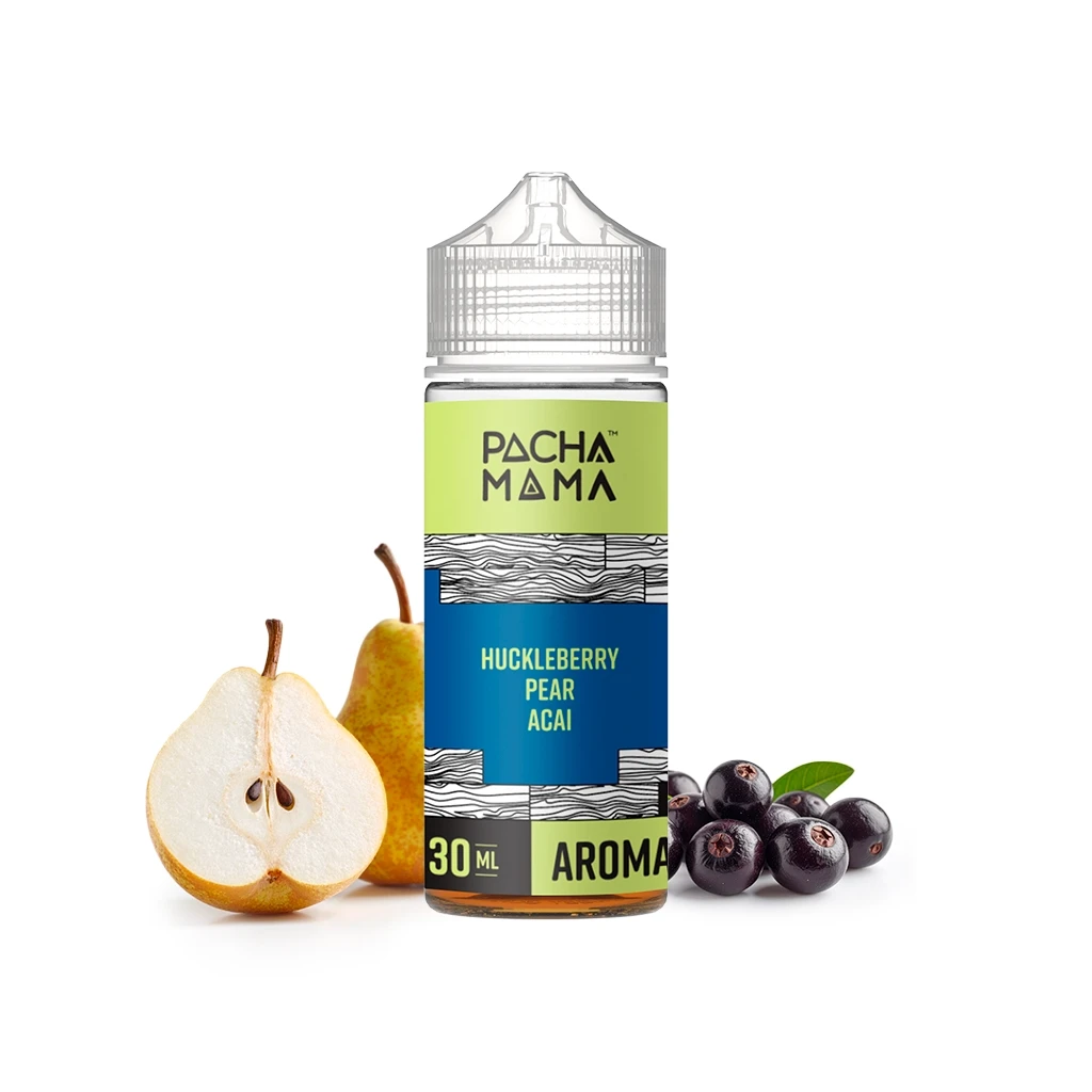 Frasco Pachamama Huckleberry Pear Açaí de 30 ml con etiqueta verde y azul, junto a una pera partida y varias bayas oscuras.
