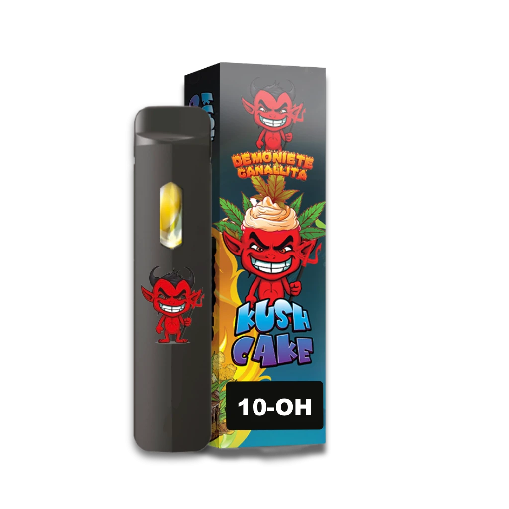 Vaper negro Kush Cake con ventana y dibujo de diablo rojo junto a su caja ilustrada, con la inscripción 10-OH, sobre fondo negro.