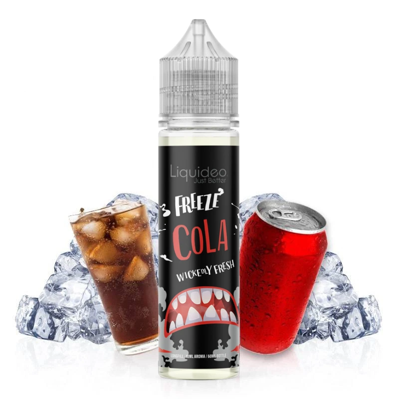 Botella de Longfill Freeze Cola de Liquideo con etiqueta negra, junto a un vaso de cola, una lata roja y cubitos de hielo.