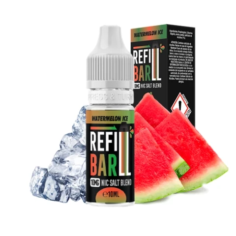 Frasco de Refill Bar Salts Watermelon Ice con tapón blanco y su caja, acompañado de rodajas de sandía y cubitos de hielo.